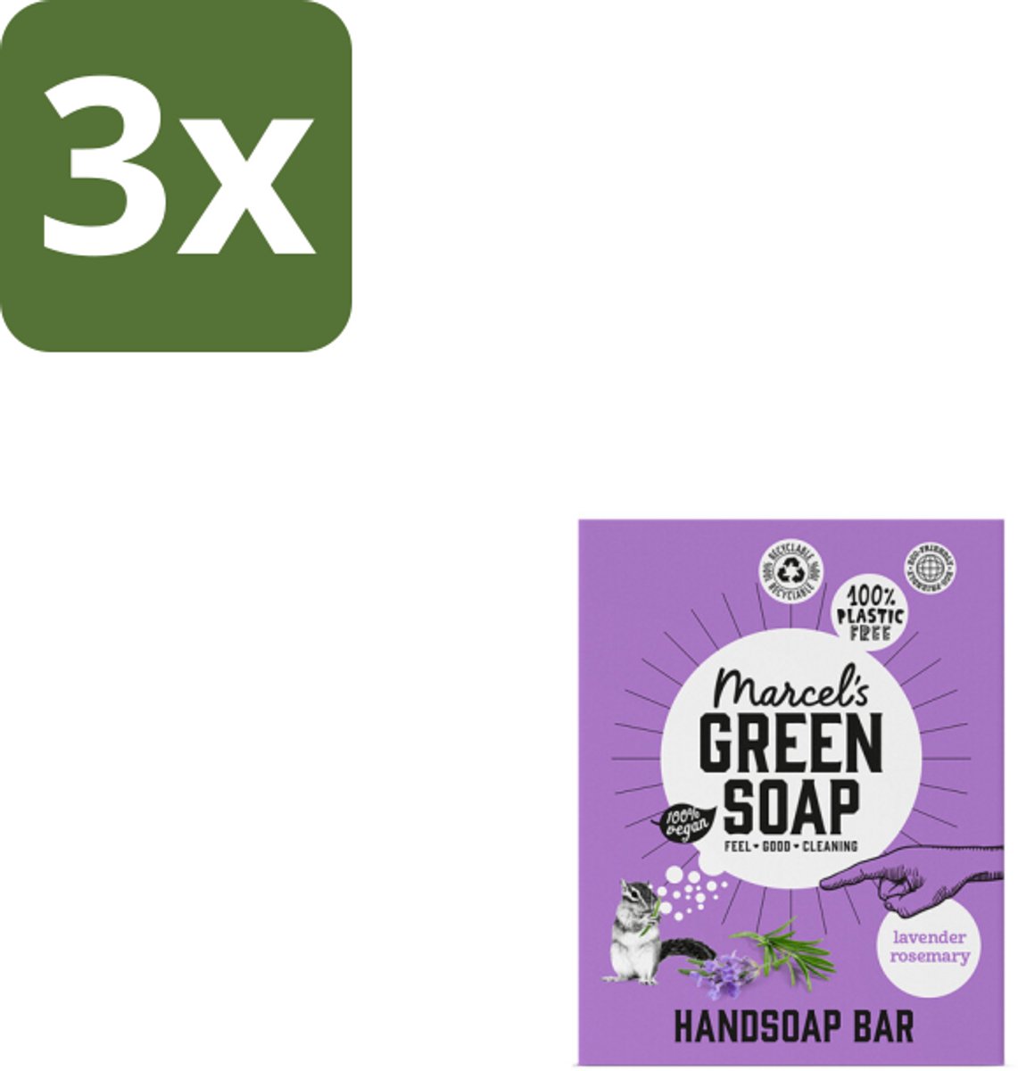 Marcel's Green Soap - Handzeep Bar - Lavendel & Rozemarijn - Zachte verzorging - 90 gr - Bulkverpakking - 3 stuks