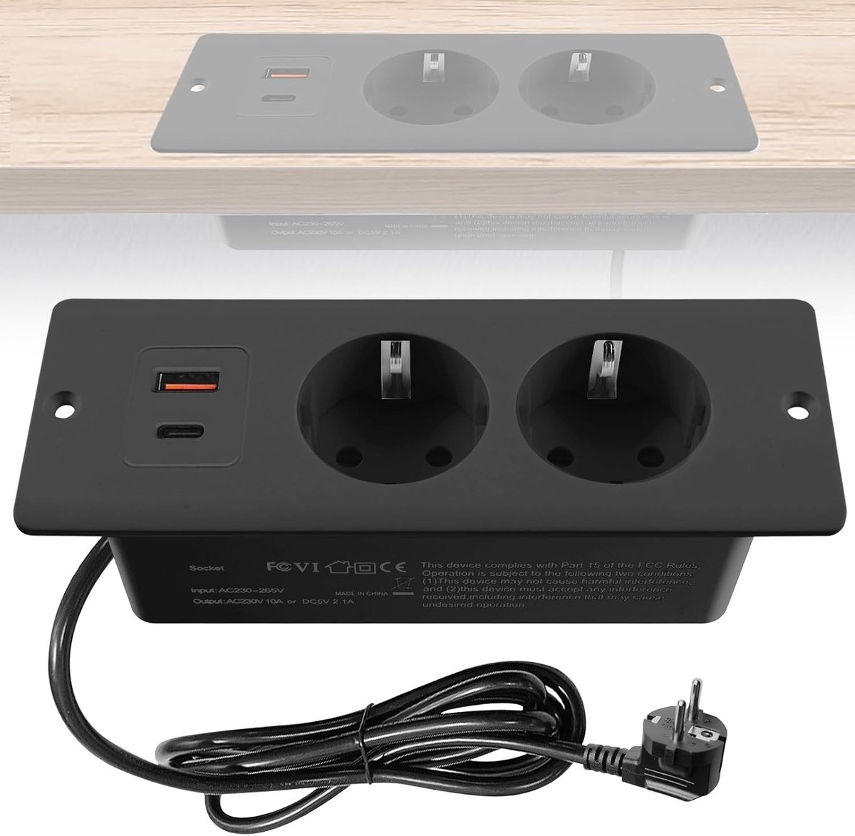 Inbouw Stopcontact - Zwart - 16 x 5,5 x 4 cm - Met USB-A en PD-20W Type-C - Voor Tafelblad of Werkbladen