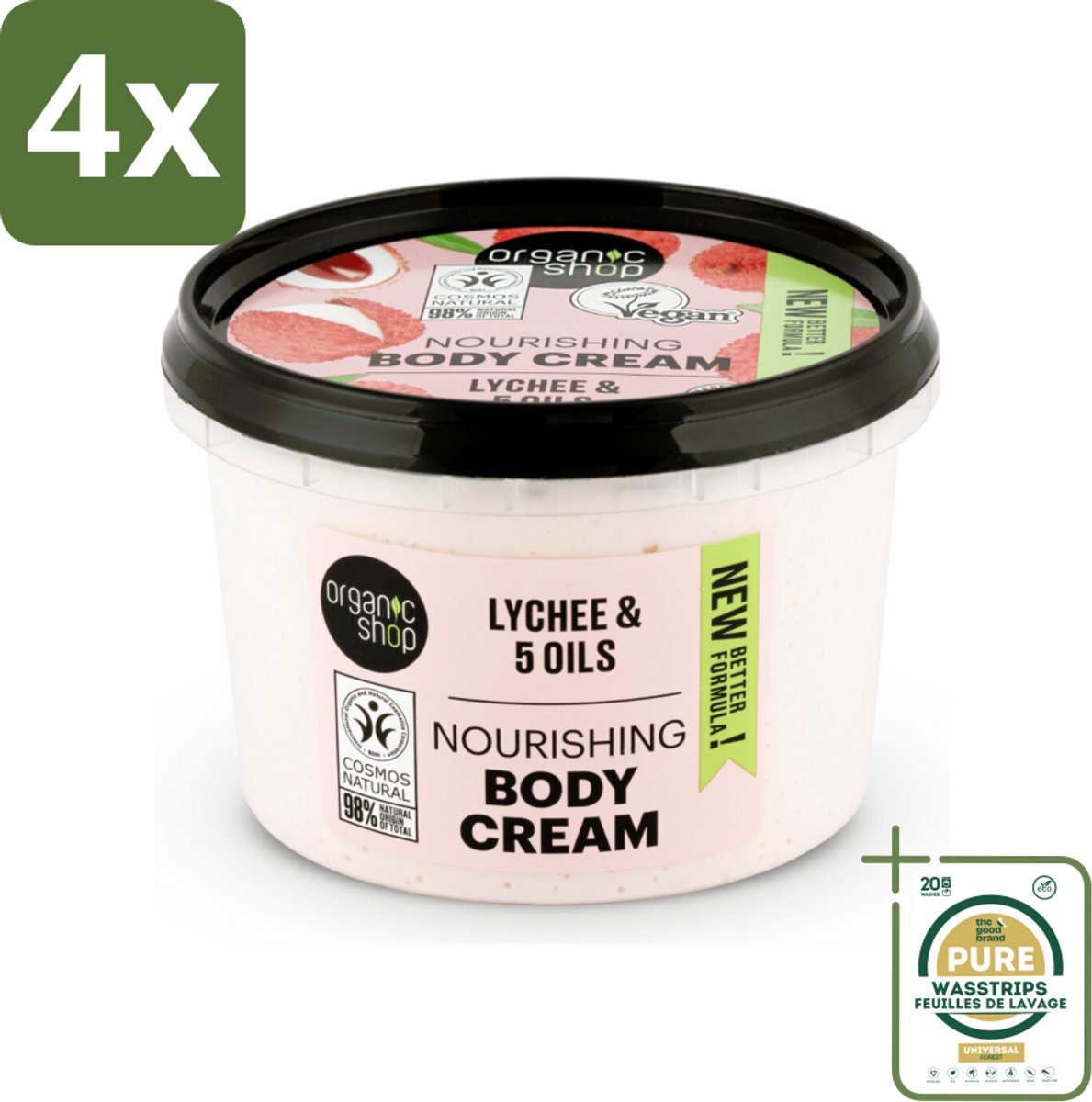Organic Shop - Nourishing Body Cream Lychee - Hydraterend en Voedend - 250 ml - Voordeelverpakking - 4 stuks - Lychee bodycrème - Hydraterende bodycrème