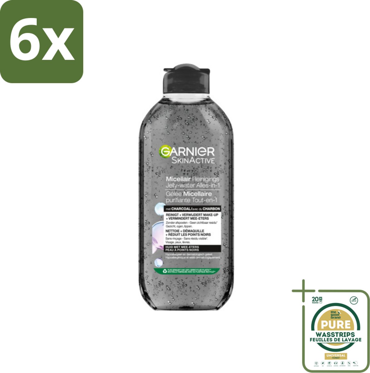 Garnier - SkinActive - Micellair Jelly-water - Alles-in-1 - Charcoal - 400 ml - Voordeelverpakking - 6 stuks - Houtskool - Gezichtsreiniger