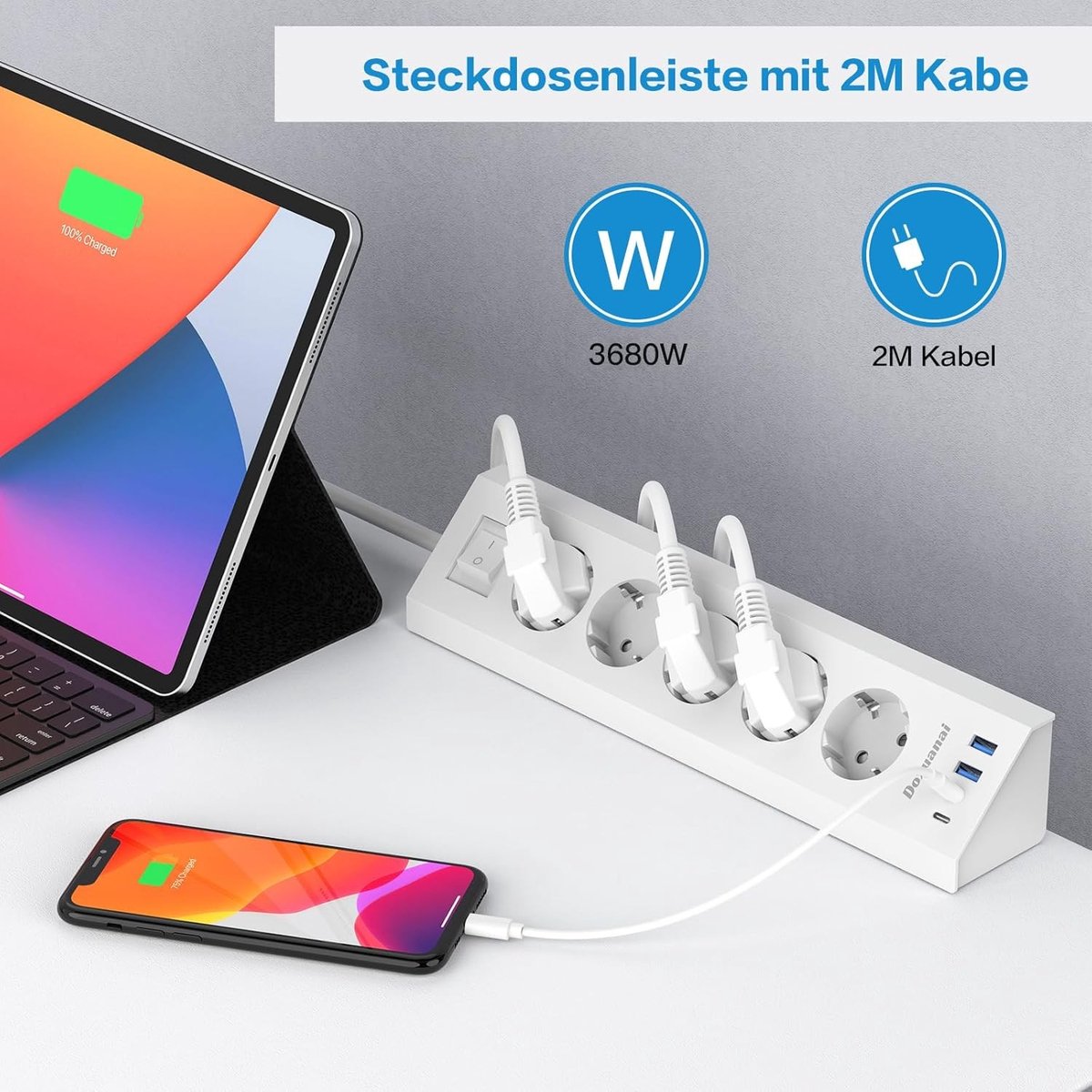 USB-C Stekkerdoos met Tafelklem - Wit - 5 Stopcontacten en 4 USB Aansluitingen - Bureau Organizer met Overspanningsbeveiliging - Voor Thuis en Kantoor