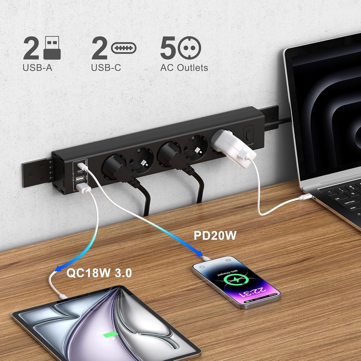 Meervoudige Stekkerdoos - Zwart - 2 m - Met USB-C PD en USB-A Oplaadpunten - Voor Onder Tafelmontage