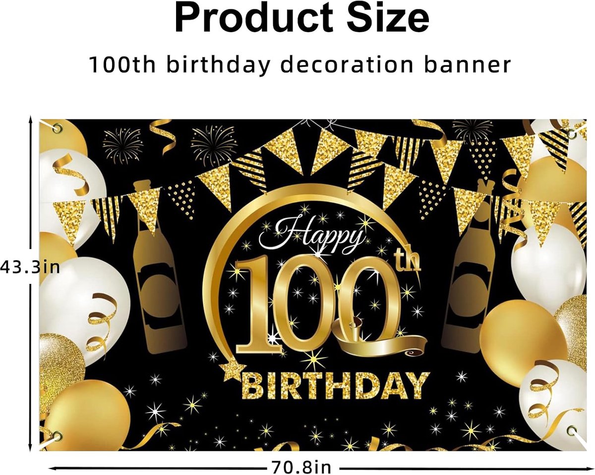 Achtergrond 100e verjaardag 180 x 110 cm - zwart goud - feestdecoratie - perfect voor binnen en buiten - ShopVlot