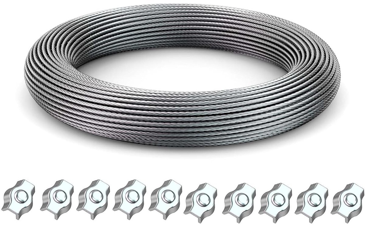 SnelShoppen - RVS Stalen Kabel 3mm x 50m met 10 Kabel Klemmen - Ideaal voor Waslijn, Klimplanten Ondersteuning en Kabel Ophangsystemen