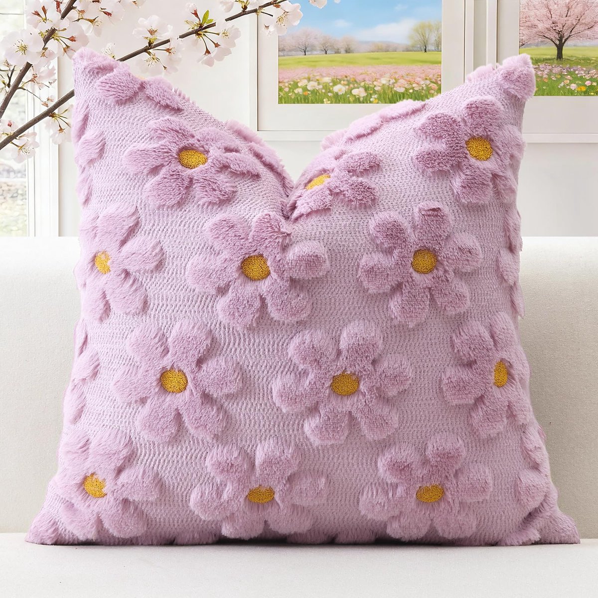 Artscope Set van 1 wollen bloemenkussensloop, zacht pluche, kort wolfluweel, decoratieve kussenslopen, lente, zomer - ShopVlot