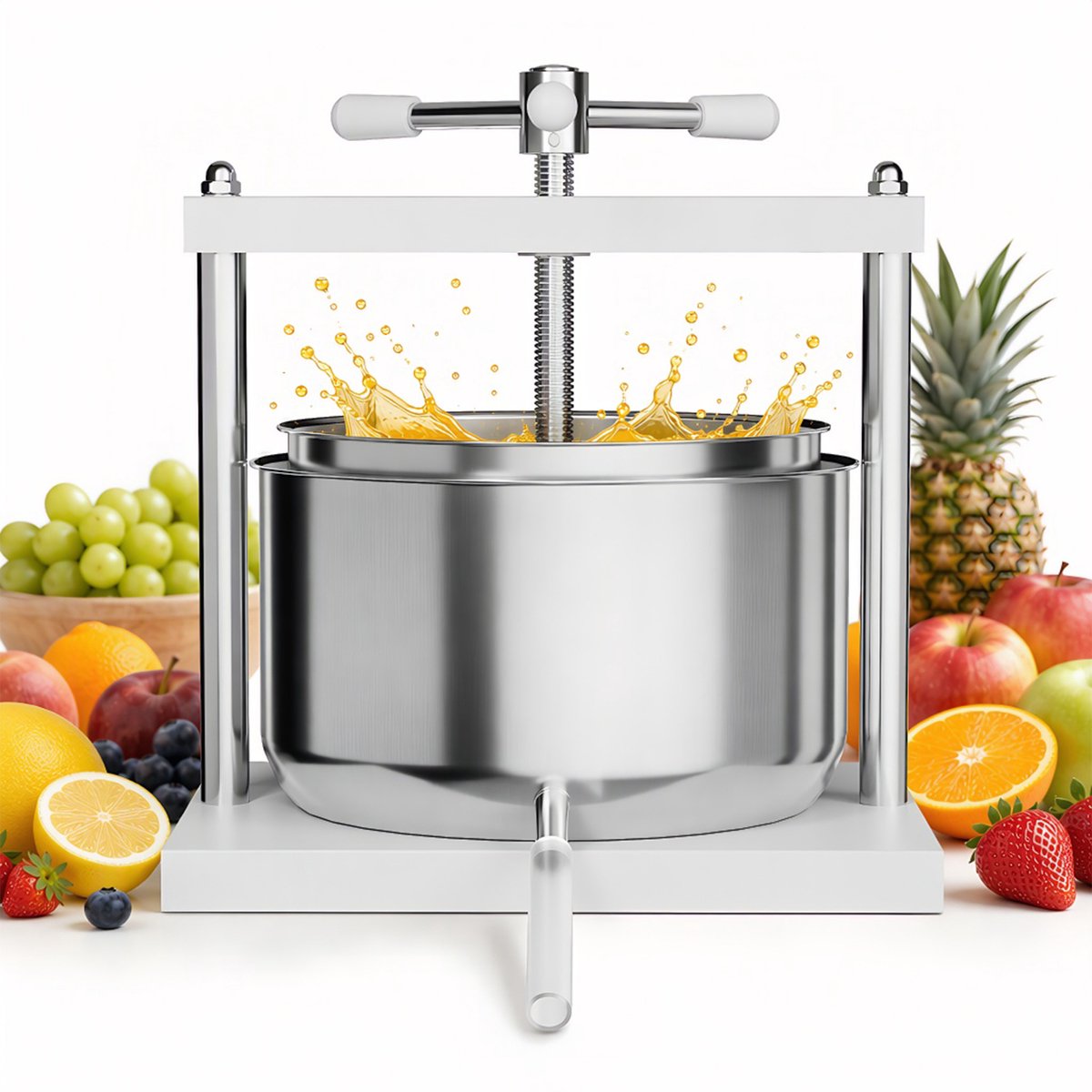 Aufun Fruitpers 12L Roestvrij Stalen Mand - Fruitpers Wijnpers Staal, Persen Incl. Opvangpan Met Uitloopbuis (12L)