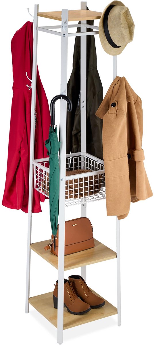 Famanu Staande kapstok met 3 planken, 8 haken en mand, 181 x 43 x 43 cm, wit-bruin, ideaal voor hal of entree