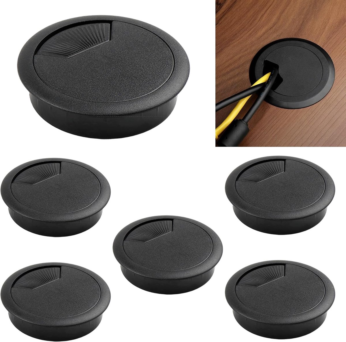 Cable entry for desk, 6 pieces, black, cable entry 60 mm diameter, cable entry made of sturdy plastic, precisely - ShopVlot