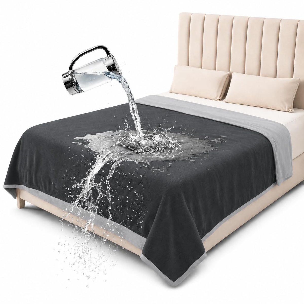 Famanu – Waterdichte reversible deken, uitstekende beschermhoes voor bed, matras, sofa en bank tegen plas en spatten, donkergrijs/lichtgrijs, 203x229 cm