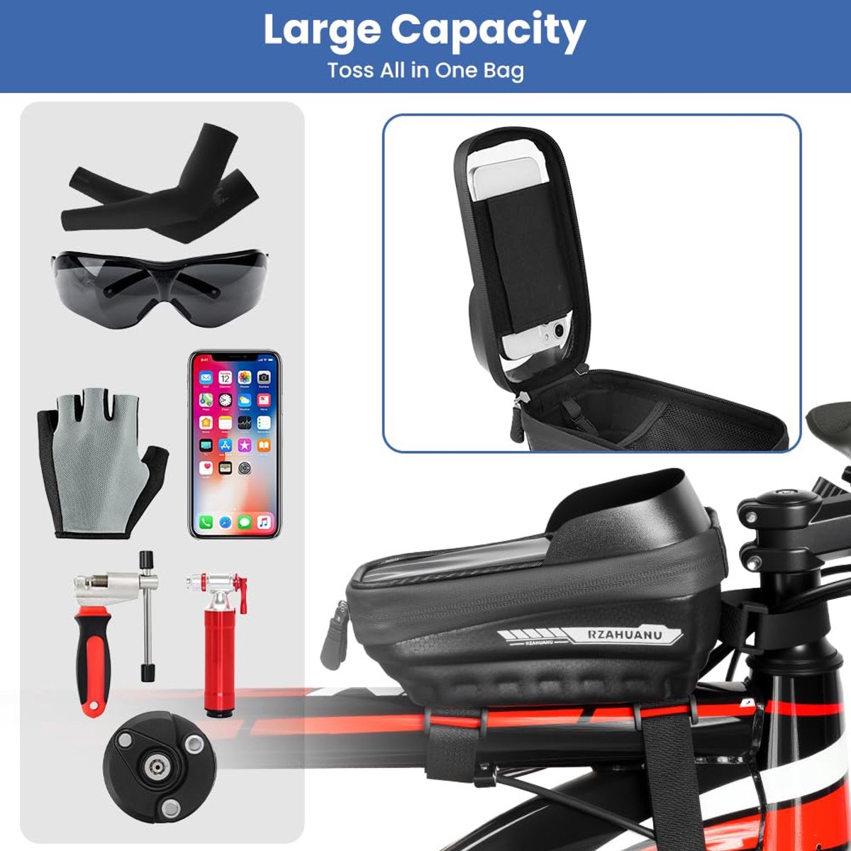 flintronic Waterdichte fietsframetas, mountainbike frametas, fietstelefoonhoes met reflecterende strip, TPU-scherm - ShopVlot