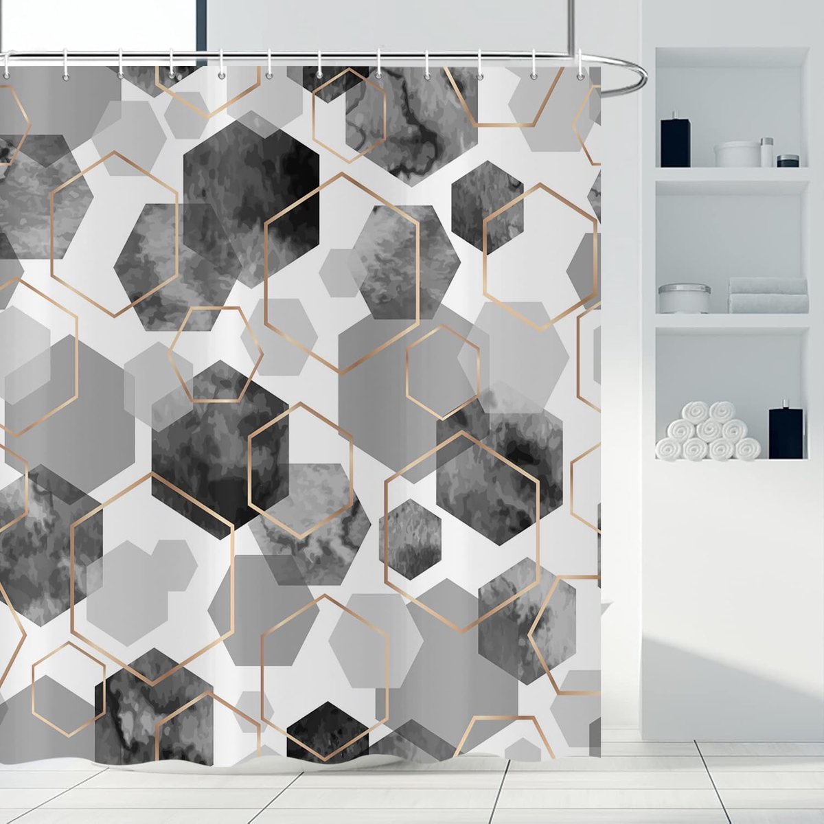 Modern Abstract Geometric Pattern Shower Curtain Grey Gold Waterproof Polyester Textile Washable with 12 Hooks 180 x - ShopVlot