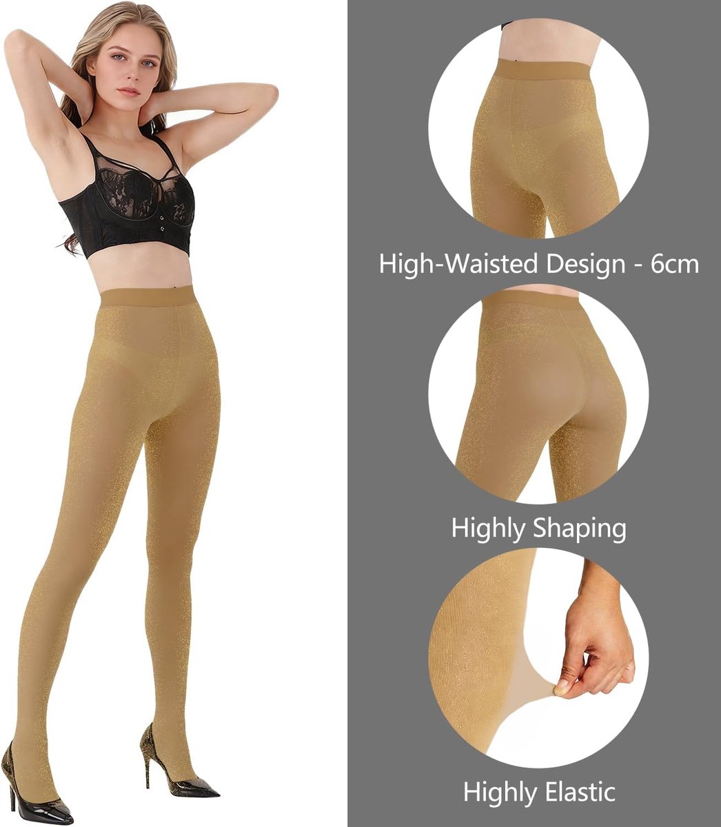 2 Pairs Ladies Tights with Lurex Glitter Effect - Shiny Tights 50 Denier High Waist - ShopVlot