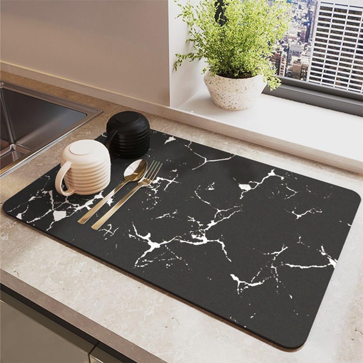 Kitchen Draining Mat 50 x 60 cm Absorbent Kitchen Mat Kitchen Mat Sink Coffee Maker Coffee Maker (Grey Marble with - ShopVlot