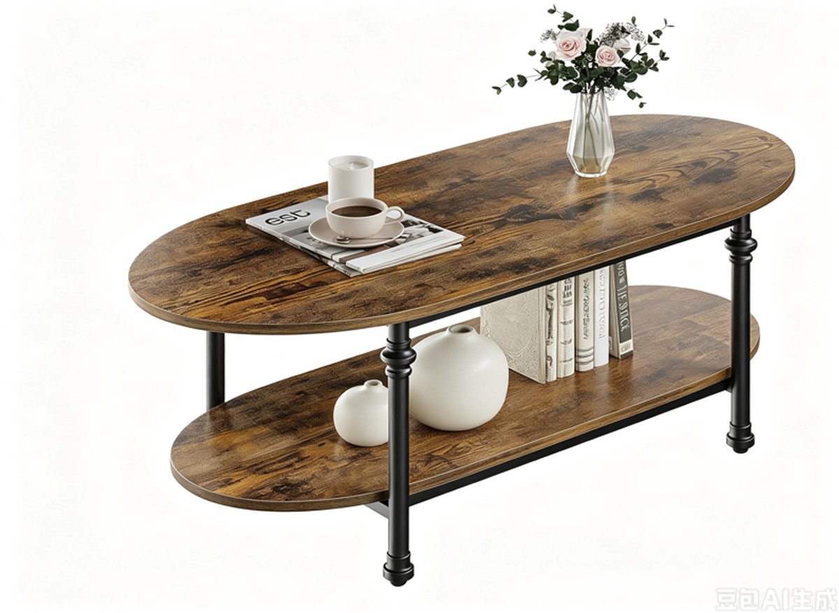 Ovale houten salontafel met 2 niveaus - Open plank - Industriële stijl metalen frame - Retro bruine houtafwerking - Vintage woonkamermeubel - Retro kleur