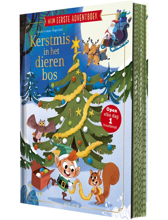 Adventsboek 'Kerstmis in het dierenbos' met een kerstboom, elf, eekhoorn en uil in een winterbos.