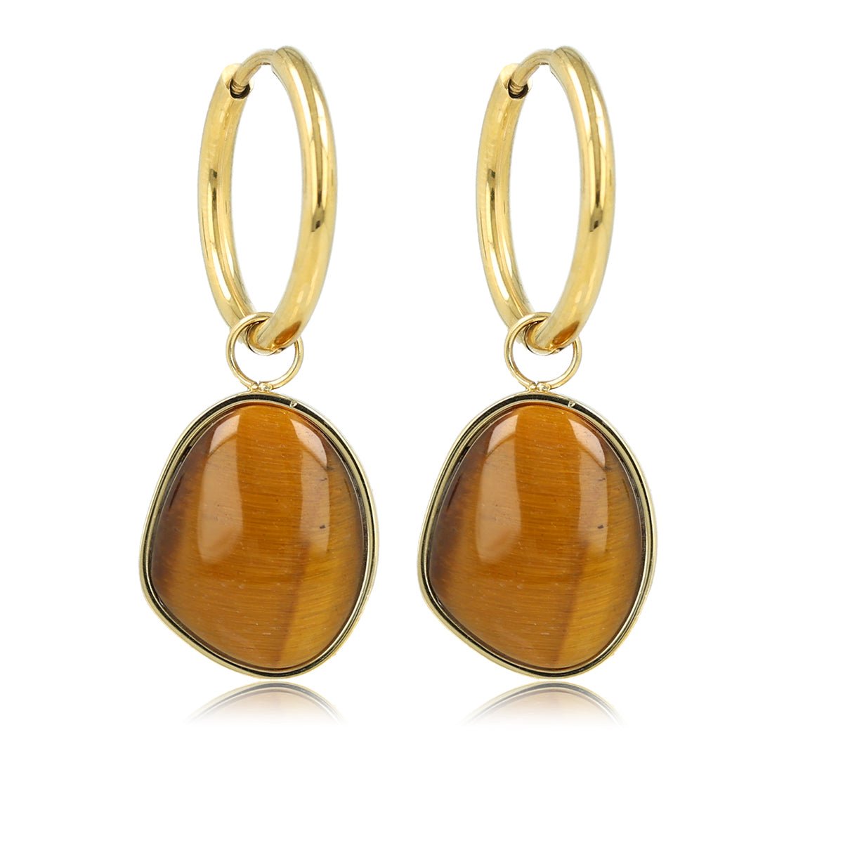 My Bendel - Goudkleurige Oorring met Tiger Eye Hanger In Organische Vorm - met Luxe Cadeauverpakking | Sieraden Voor Dames