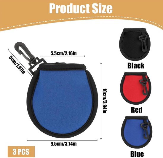 SnelShoppen - 3 Pack Golfbal Reiniger Tas, Draagbare Golfbal Zak met Carabiners in Rood, Blauw en Zwart, Golfbal Droog Reinigingszak voor Mannen en Vr van Snelshoppen — afbeelding 5