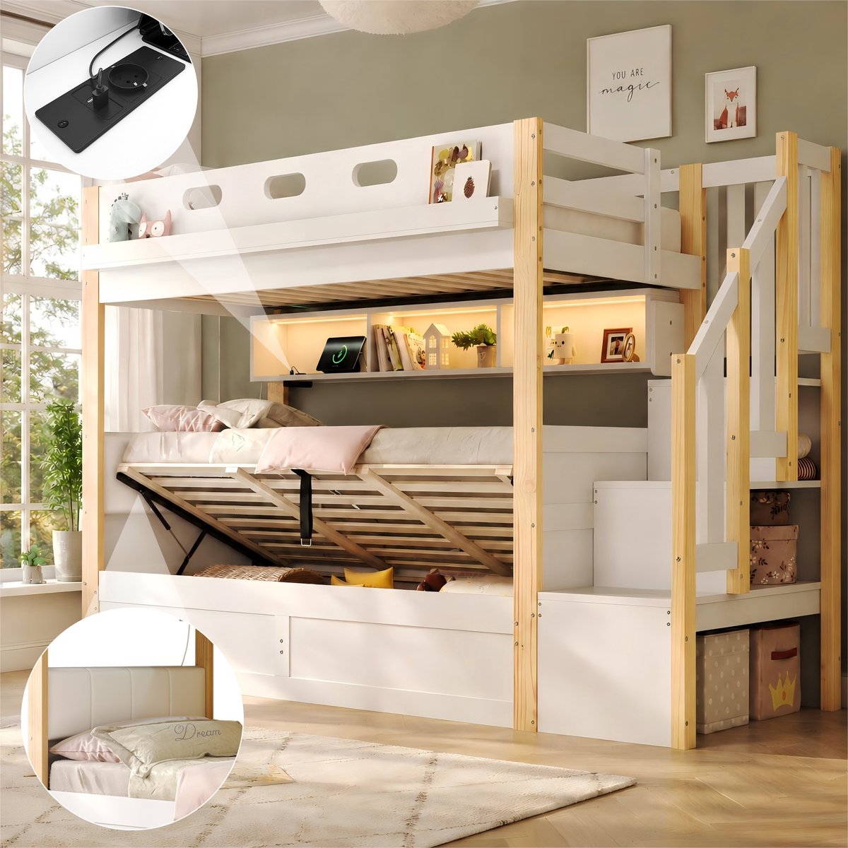 Stapelbed - 90 x 200 cm - 2 slaapplaatsen - met opbergruimte - met LED-verlichting - met USB en stopcontact - met trap - Wit