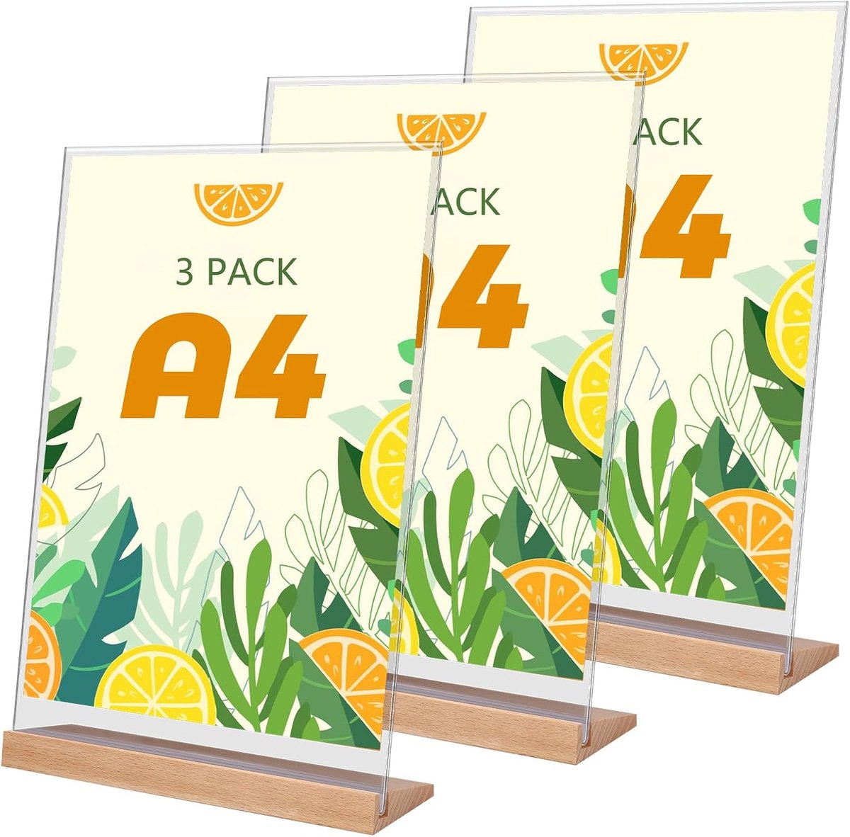 A4 tafelstandaard 3 stuks - acryl L-vormig - houten basis - ideaal voor menu- en informatiefiches - ShopVlot
