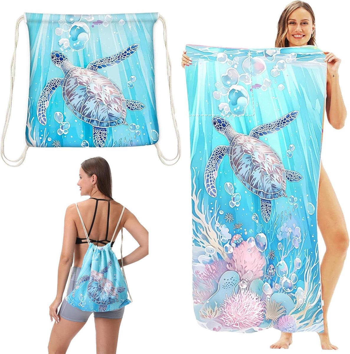Strandlaken Microvezel 140 x 70 cm - Blauw Schildpad - Sneldrogend en Zandvrij - Ideaal voor Strand en Reizen - ShopVlot