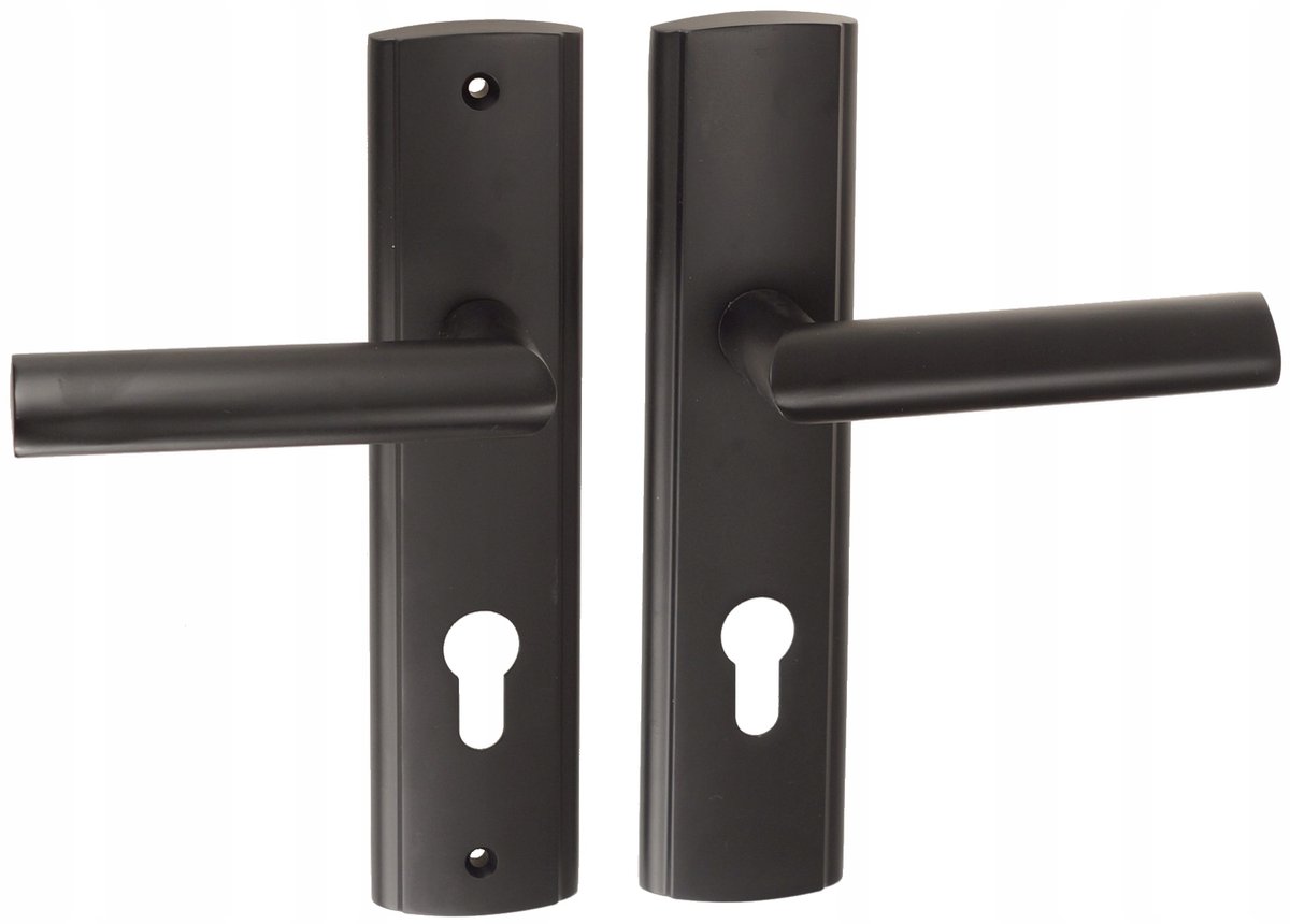 Zwarte buiten deurklink 72 mm, rechts, met blindplaat