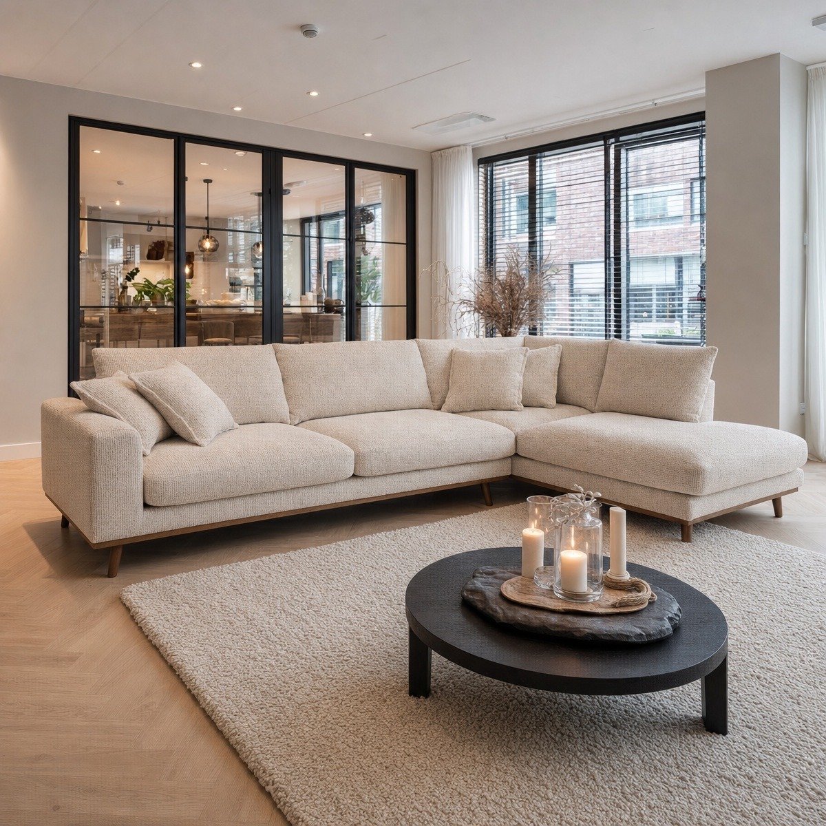 DÉJA Living Hoekbank Flint Rechts – Beige Stof – 3-Zits – Loungebank 303x212cm – Comfortabel en Stijlvol