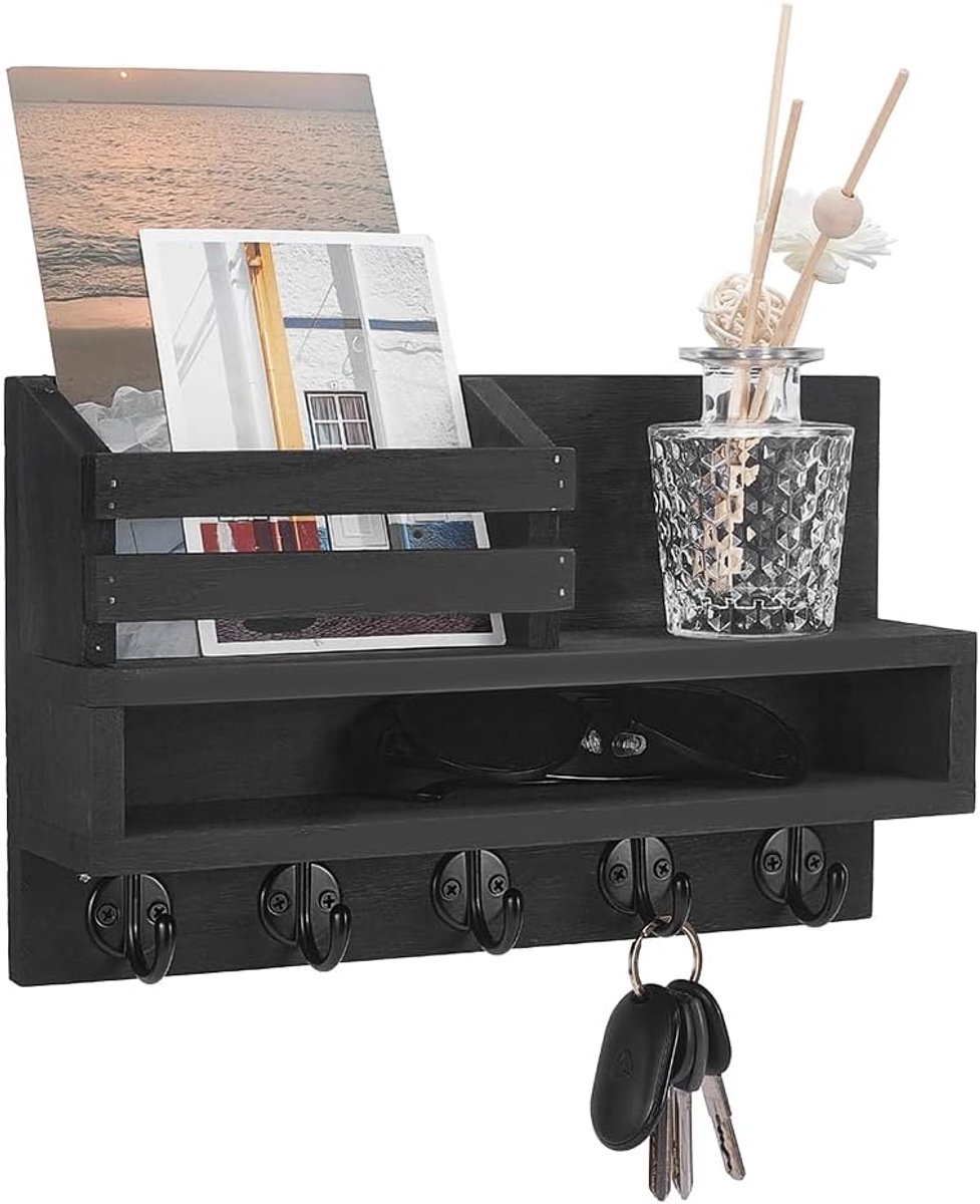 Muur sleutelhouder 17,09 inch - massief hout - zwarte afwerking - organisatie in entree - ShopVlot