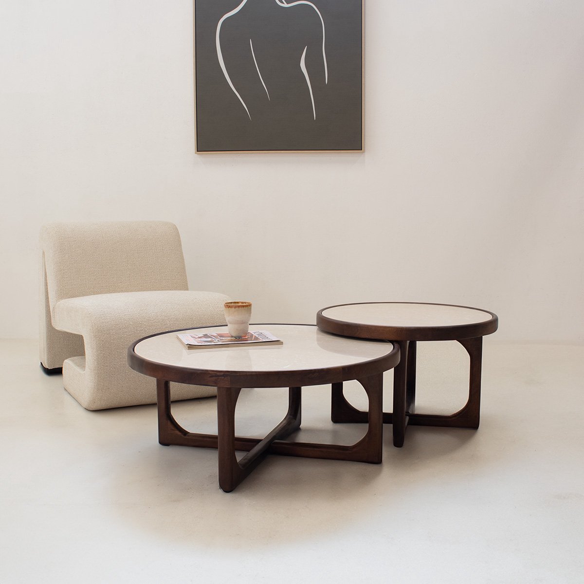 Giga Meubel Salontafel Ayase Rond - Marmer/Hout - Donkerbruin - Set van 2