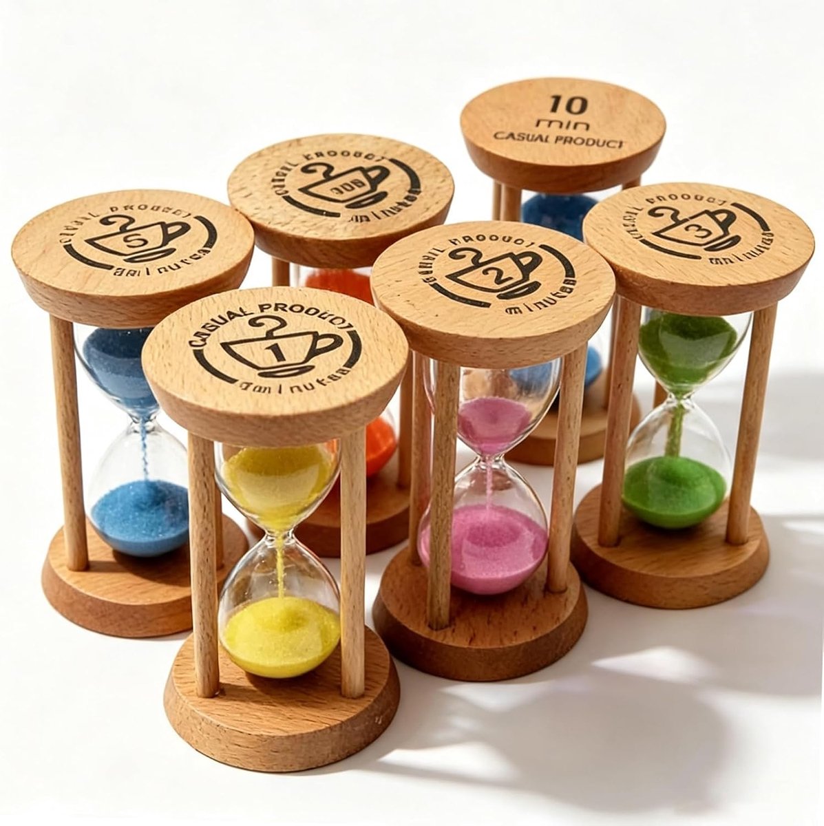 Zandloper set 6 stuks - Houten zandlopers 30s/1/2/3/5/10 minuten - Tijdmanagement voor kinderen - ShopVlot