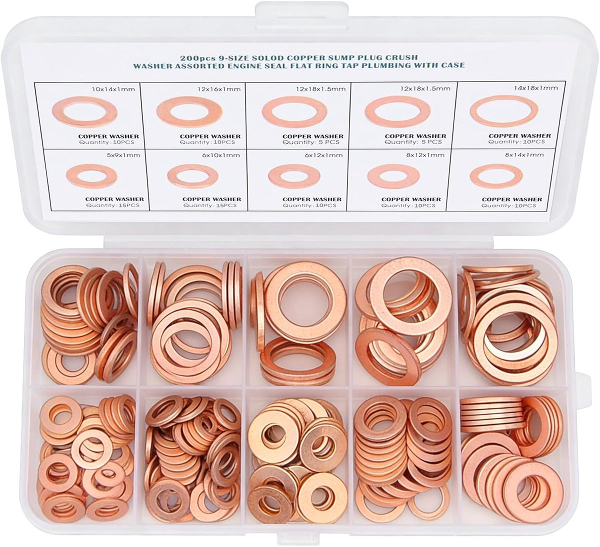 100pcs Copper Rings Assortment Set, 9 Sizes Metric Flat Sealing Rings with Storage Box - M5, M6, M8, M10, M12, M14 - ShopVlot