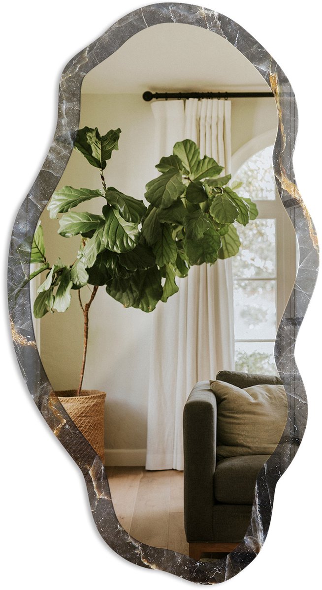 TULUP Steenstructuur Spiegel - Zwart Elegante Rechthoekige Wandspiegel - Organische Spiegel - Woonkamer, Kantoor, Hal - Modern - 45x90 cm - Totale afmeting 52x97 cm Steenstructuur, Zwart