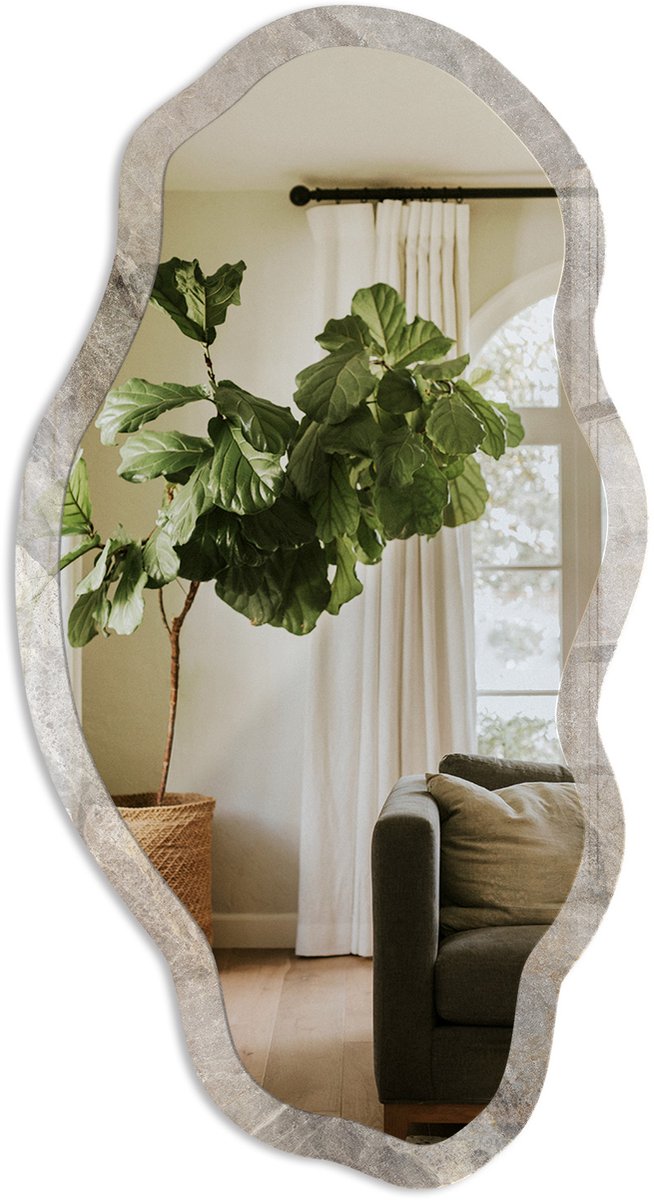TULUP Steenstructuur Spiegel - Grijs Strakke Rechthoekige Spiegel - Organische Spiegel - Woonkamer, Kantoor, Slaapkamer - Klassiek - 45x90 cm - Totale afmeting 52x97 cm SteenstructuurPatroon, Grijs