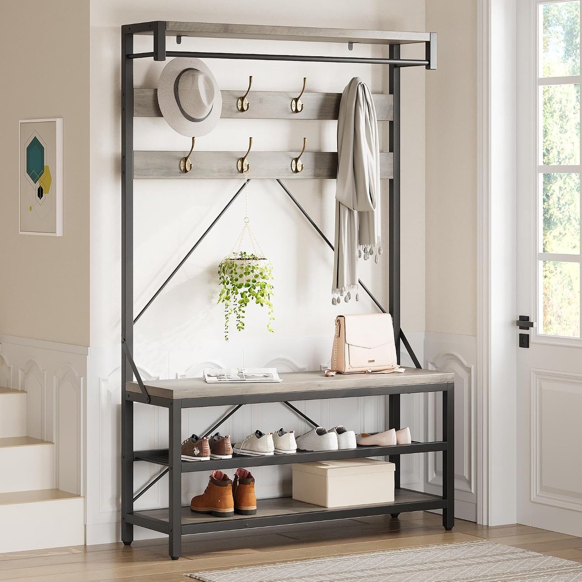 Industriële kapstok met schoenenbank en kapstok haken, 8 haken, 2 planken, stalen frame, voor hal, woonkamer, slaapkamer, 38 x 105,5 x 183 cm, grijs