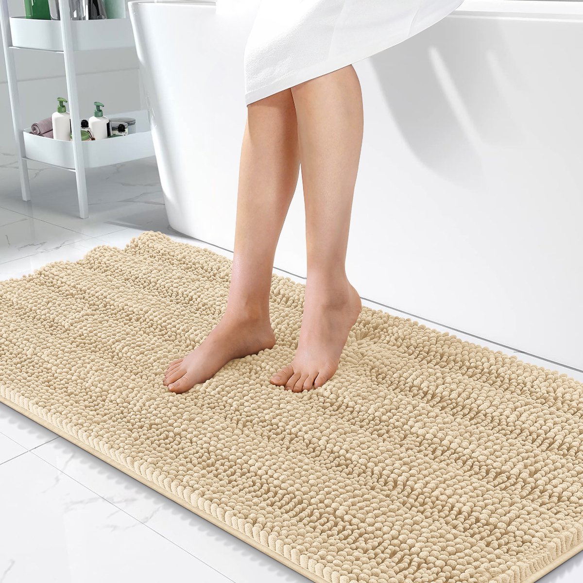 Olanly Badmat Antislip – Chenille Lang Douchemat – Rubberen Achterkant – Badmat Badkamer – Beige – 61X120cm