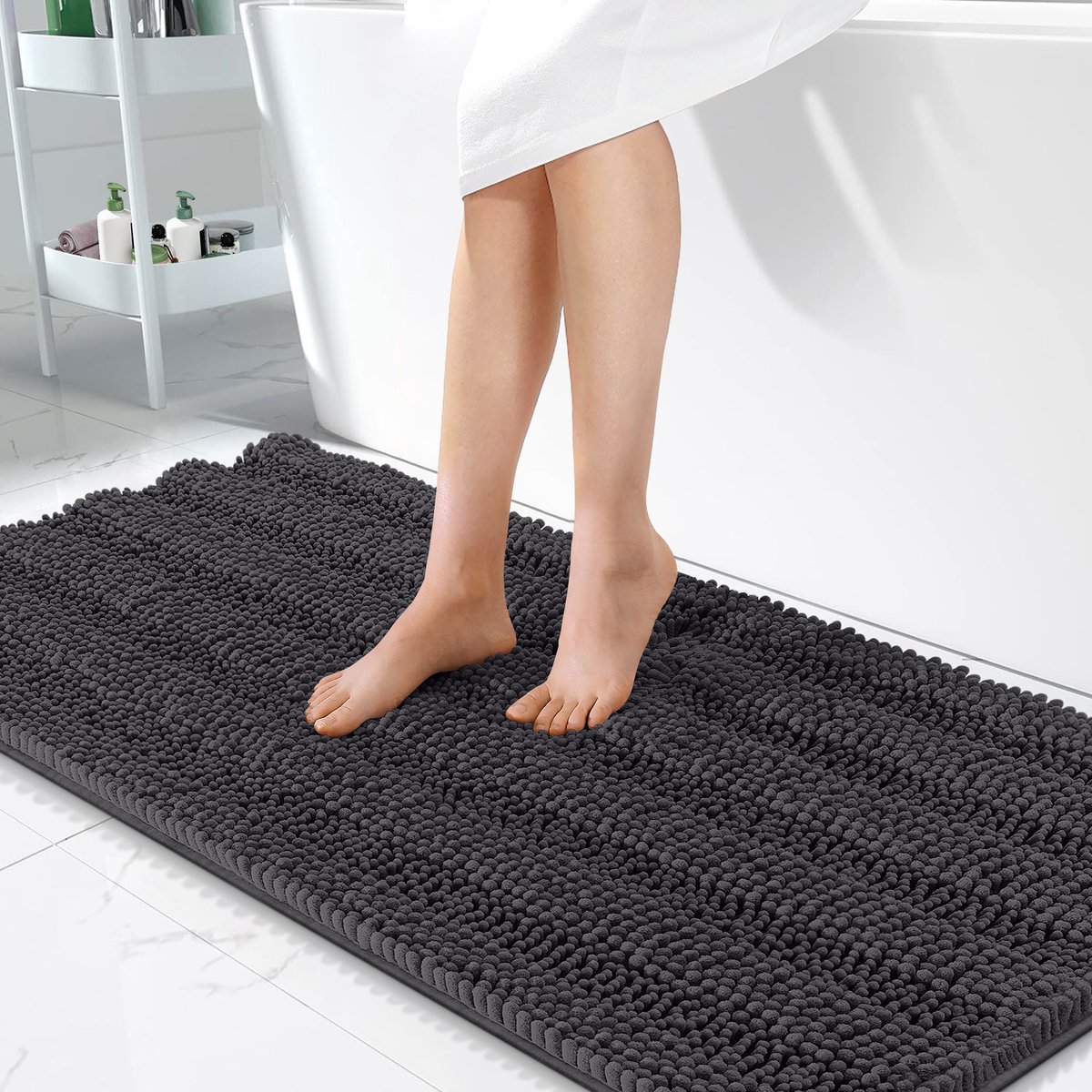Olanly Badmat Antislip – Chenille Lang Douchemat – Rubberen Achterkant – Badmat Badkamer – Donkergrijs – 61X120cm