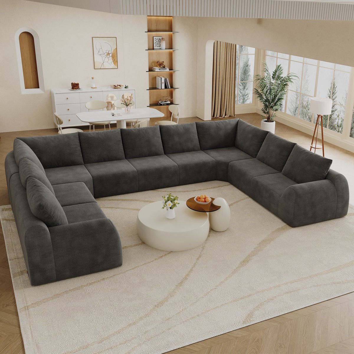 Moderne Hoekbank, U-Bank, 7-Zits Bank, 411 cm Brede, Sponsachtige Compressiebank, U‑Vormige Bank Zonder Frame, Geschikt Voor Woonkamer, Slaapkamer En Appartement, Geen Montage Nodig-Grijs