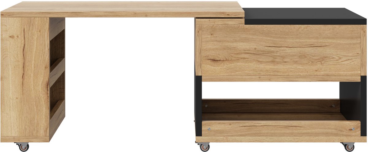 OKWISH Salontafel - Uitschuifbaar Met 360 Graden Draaibaar Zijgedeelte En Opklapbaar Blad - Opbergruimte - Houtlook Zwart - 161,5 Cm