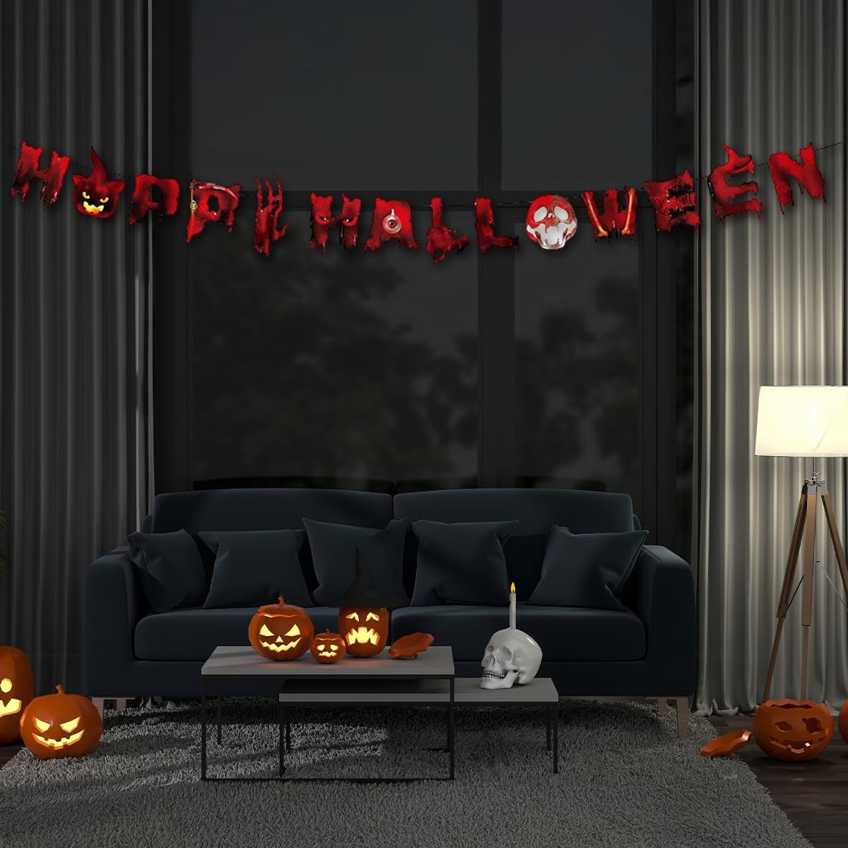 Halloween slinger - bloedrood & zwart - creepy letters en schedels - perfecte decoratie voor je Halloweenfeest - ShopVlot