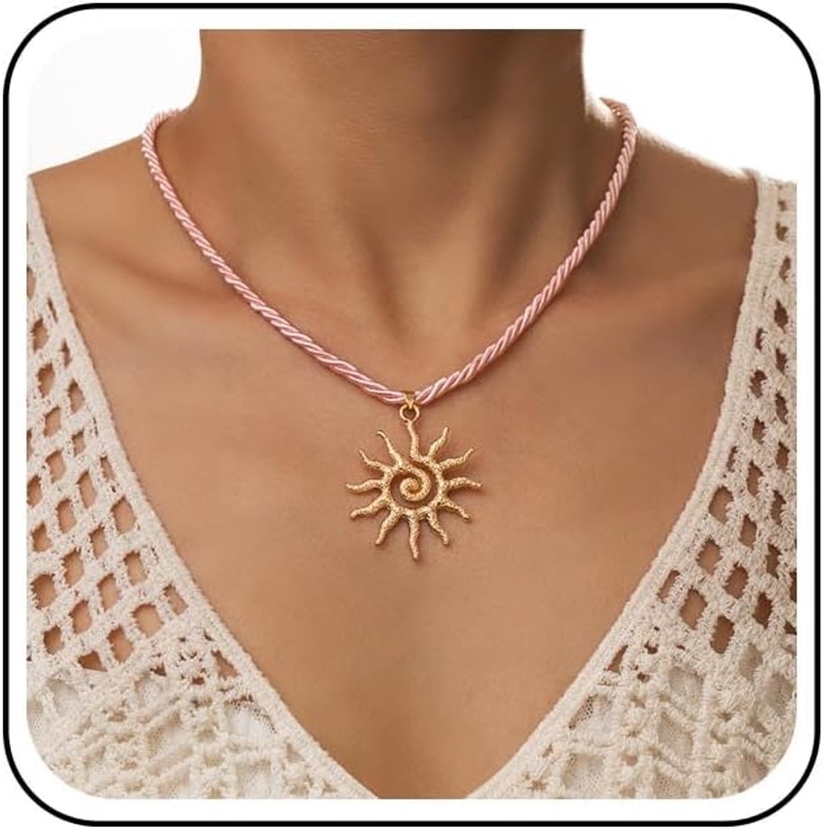 Zonnebloem ketting roze - gevlochten touw - spiralen - trendy accessoire voor elke gelegenheid - ShopVlot