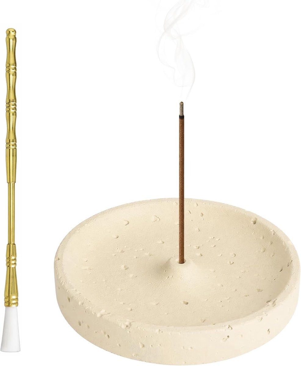 Wierookhouder wit travertine-look - cement met messing borstel - subtiele tafeldecoratie - modern en minimalistisch - ShopVlot
