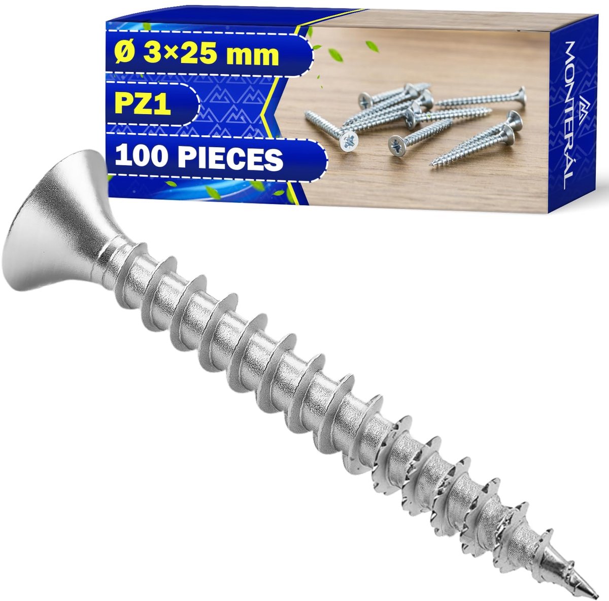 Houtschroeven 100 stuks Ø 3 x 25 mm - verzinkt staal - sleuftype PZ1 - ideaal voor spaanplaat - ShopVlot