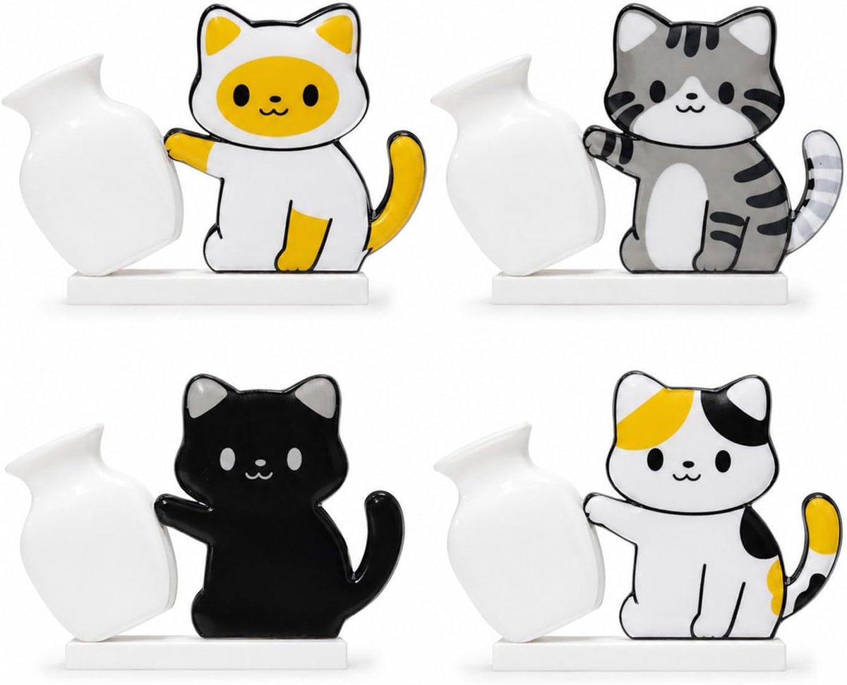 Koelkastmagneten katten 4 stuks - mini-vaas met snor - betrouwbare grip - veilig voor foto's en lijstjes - ShopVlot