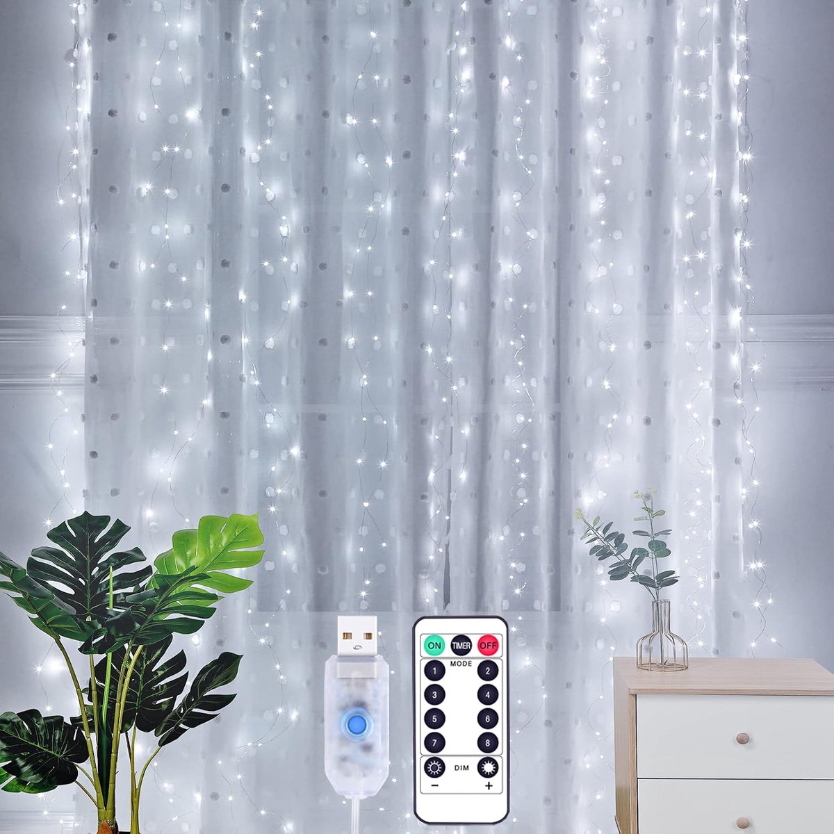 Yizhet USB LED Light Curtain, 2 x 2 m 200 LEDs, with Remote Control and Timer, 8 Modes, IP65 Waterproof, Christmas - ShopVlot
