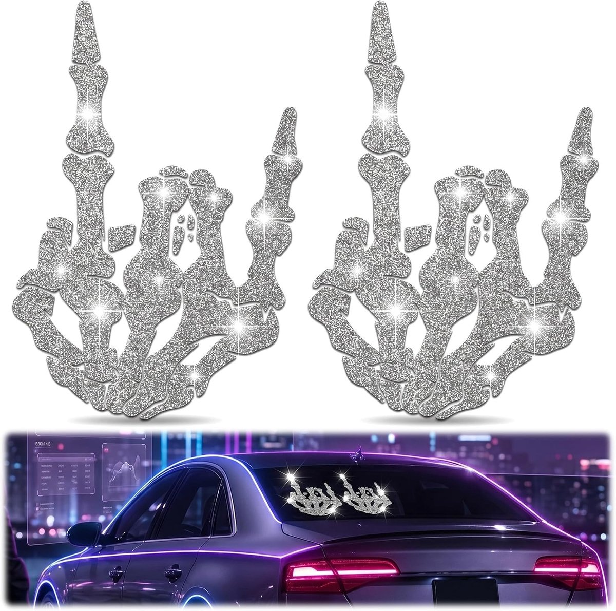 2pcs skeleton hand car stickers silver glitter waterproof car stickers - ShopVlot