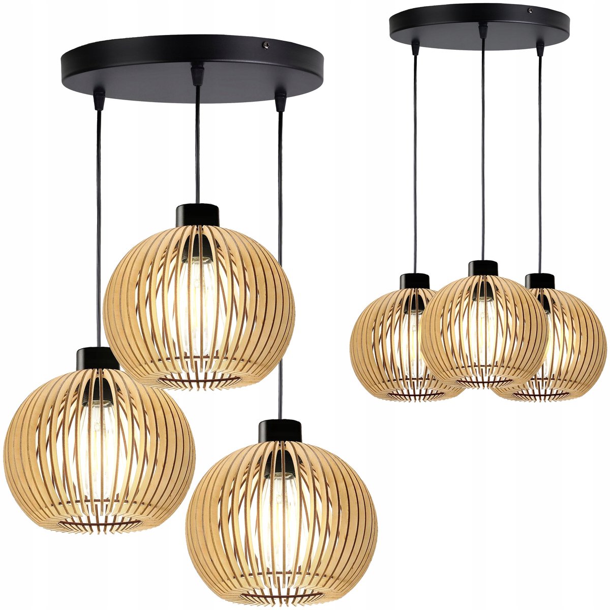 Houten hanglamp met 3 verstelbare kappen, retro design