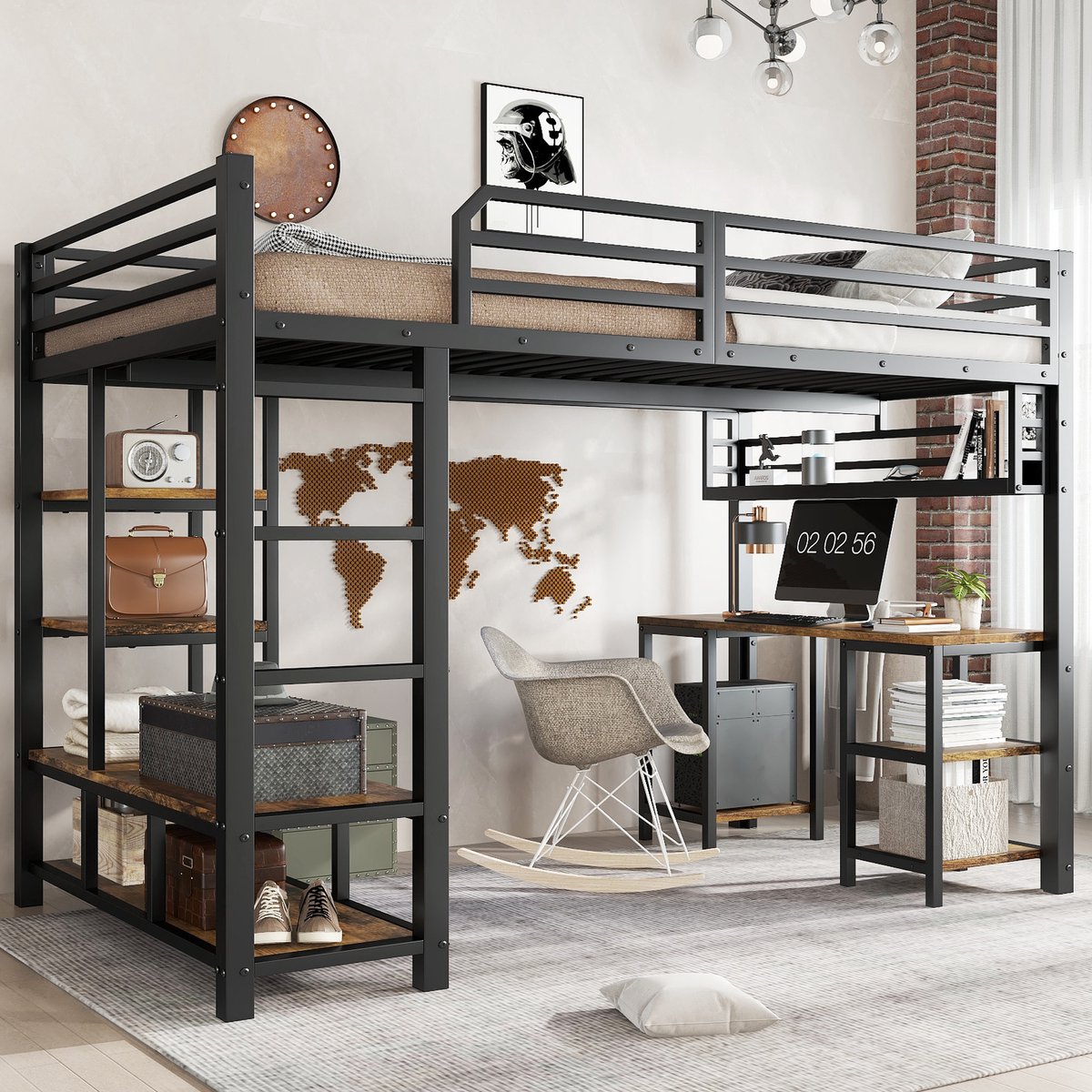 MEUNIQ Hoogslaper 120x200 cm met geïntegreerd bureau, legplank en 4-traps ladder - metaal en spaanplaat - zwart/donker walnoot