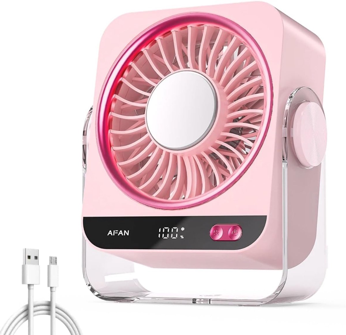 Tafelventilator - USB Draagbare Ventilator - Verkoelende Ventilator - Met Koelfunctie - 5 Snelheidsstanden - Stil in Gebruik - Met Digitaal Display - Krachtige Luchtstroom - Geschikt voor Slaapkamer, Kantoor en Auto - Roze