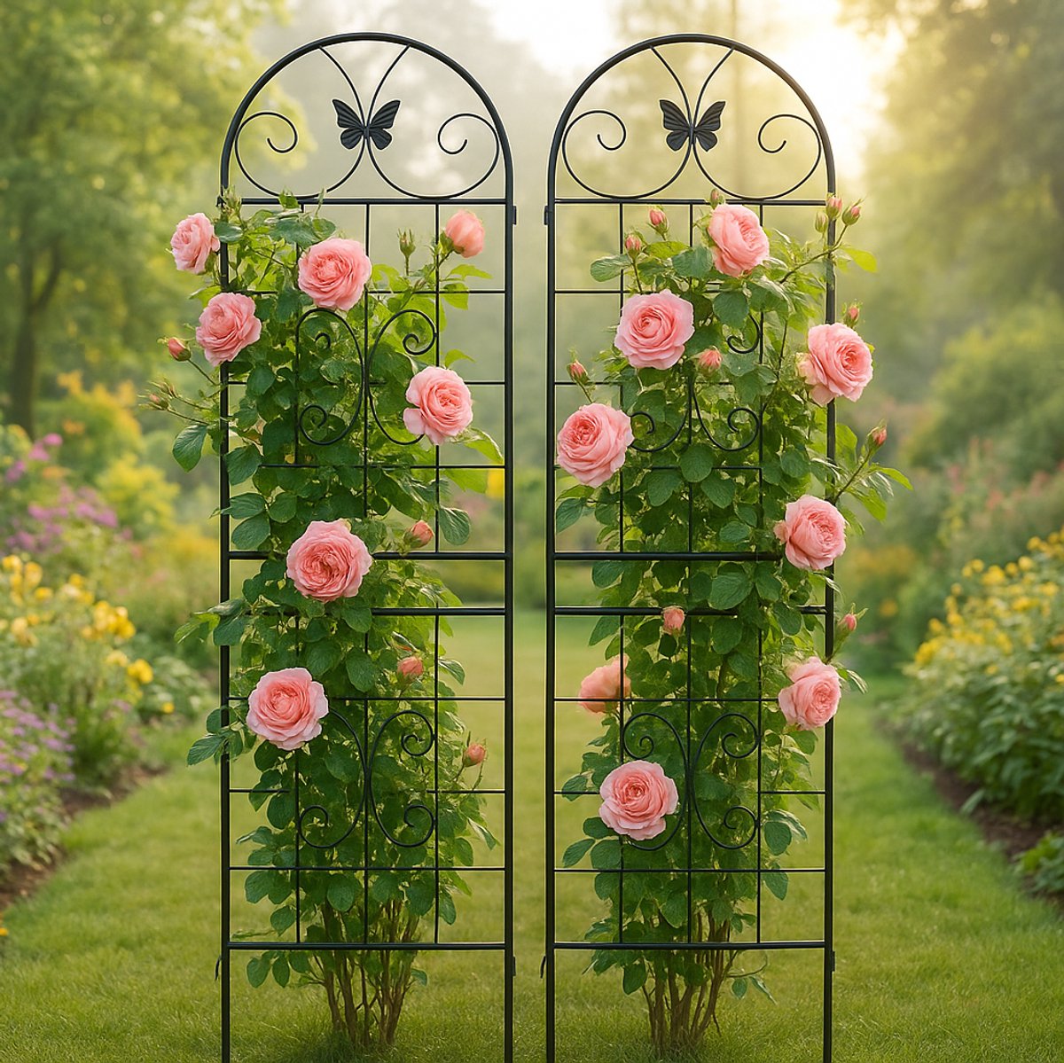 REDOM - Metalen plantenrek voor klimplanten - 2-delige set met boogvorm en vlinderdecoratie - Voor binnen en buiten - Verzinkt staal met poedercoating - Zwart - 180 x 50 cm