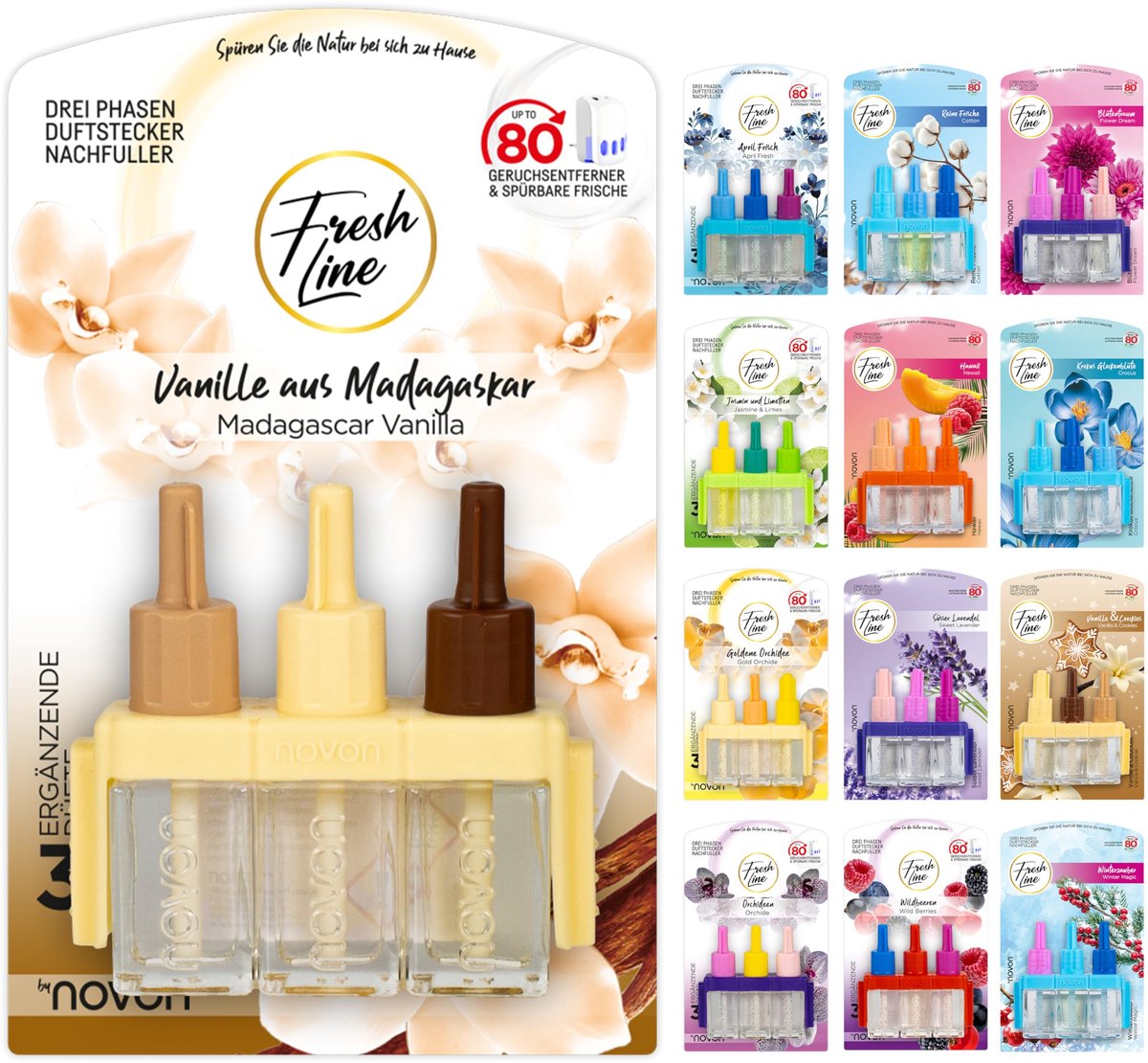 Geurstekker navulling 3 x 7 ml - 3-fasenwisseling - 6 geuren - langdurige frisheid - ShopVlot