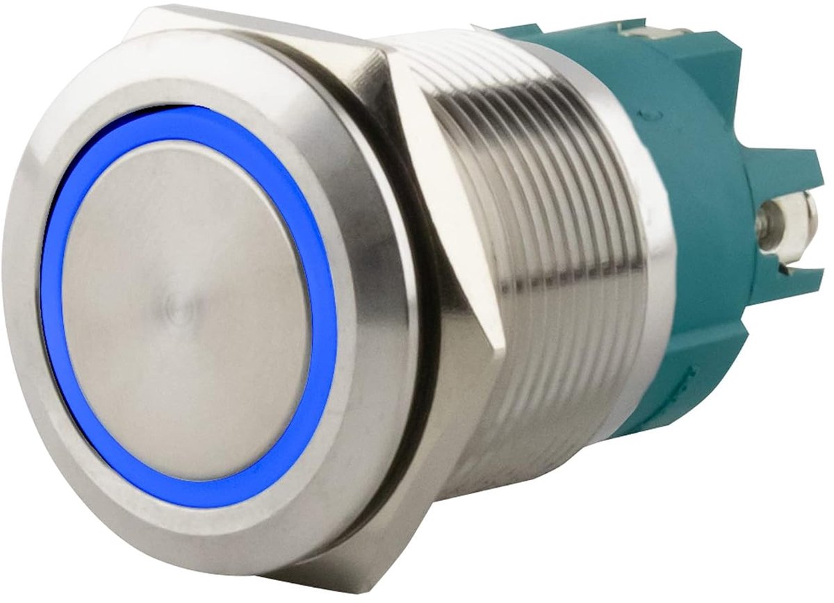 Drukschakelaar 22 mm - roestvrij staal - vergrendeling met blauwe LED-ring - ideaal voor duurzame toepassingen - ShopVlot
